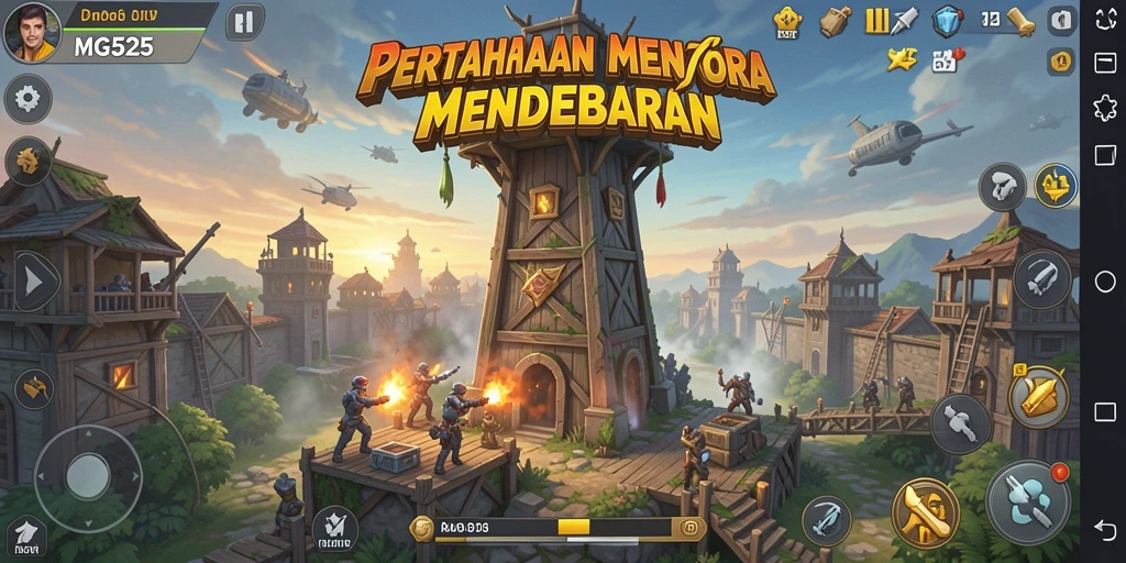 Screenshot gameplay MG525 yang menunjukkan pertahanan menara beraksi.