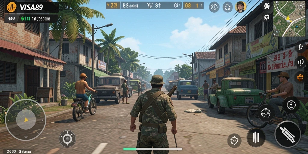 Tampilan gameplay VISA89 yang menampilkan karakter berinteraksi dalam kehidupan sehari-hari.
